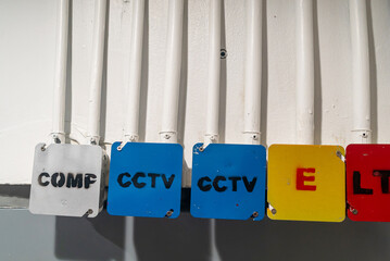 Colorful Signs on Wall with Pipes and Labels