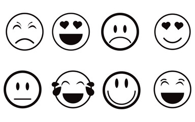 Hand drawn vector happy face emoticons with hearts doodle sketch style cute funny emoji icons positive emotions happiness