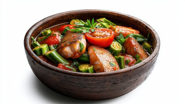 Delicious and colorful Asian-inspired dish featu glazed meat chunks cherry tomatoes green beans and garnished with fresh herbs served in a rustic wooden bowl - Powered by Adobe