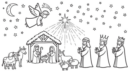 Nativity scene with baby jesus, mary and joseph in a manger. Three wise men and an angel celebrating the birth of christ, a christian holiday coloring page for children