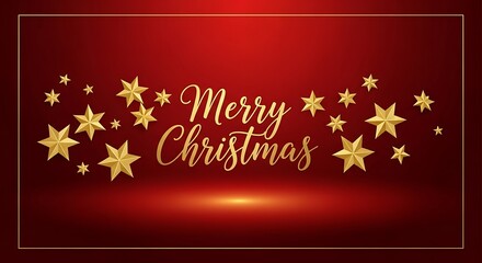 Merry christmas golden text with stars on red background for festive season celebration greeting card design