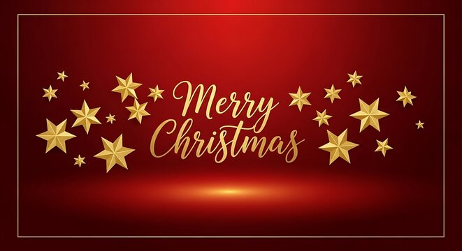 Merry christmas golden text with stars on red background for festive season celebration greeting card design