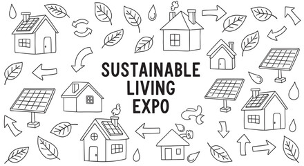 Fototapeta premium Sustainable living expo banner with hand drawn eco friendly icons. Doodle set of green energy elements like solar panels houses and leaves for an environmental event