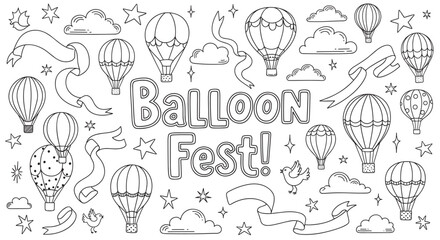 Doodle collection of hot air balloons with clouds and stars for a festival celebration. Black and white line art elements perfect for coloring pages or children's party invitations