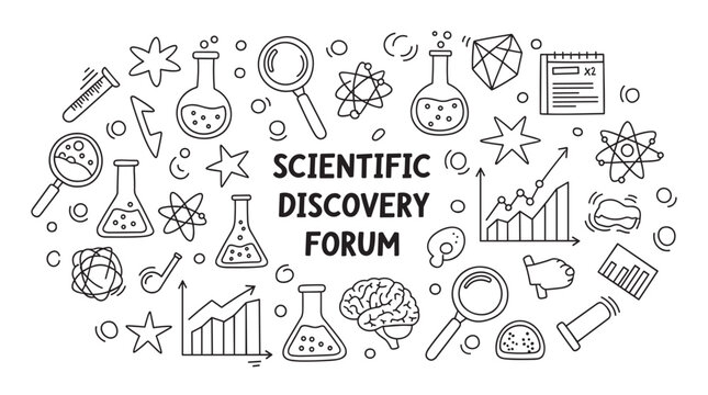 Scientific discovery forum banner with hand drawn doodle icons. A collection of science, research, and education elements for a conference, presentation, or website header