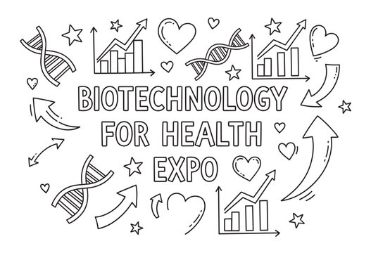 Biotechnology for health expo concept with doodle style icons. Hand drawn dna helix, growth chart, and heart symbols for a science event. Medical innovation and genetic research banner