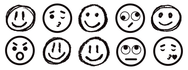 Hand drawn face smile icon line people face emotions set in doodle scribble pencil marker style hand drawn. Grunge Face Emoji Icon Set. Grunge Vector Emoticons.