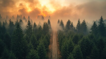 Dramatic aerial view of a forest fire with smoke billowing over tall evergreen trees and a dirt road leading into the smoky haze landscape