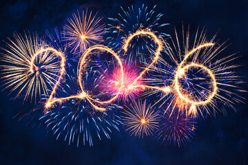 Fireworks Celebration With Sparkler text 2026 Happy New Year Background Light Trails And Colorful Bursts Over Festive Night Sky