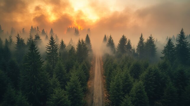 Dramatic aerial view of a forest fire with smoke billowing over tall evergreen trees and a dirt road leading into the smoky haze landscape - Powered by Adobe