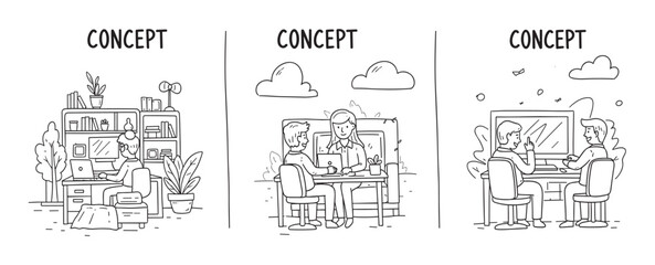 Obraz premium Hand drawn illustrations of various work scenarios. A person working remotely from a home office and colleagues collaborating on a project in a modern workplace