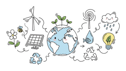 Kawaii doodle set of environmental icons for earth day and sustainability. Includes planet earth, renewable energy, recycling, and nature elements for conservation campaigns