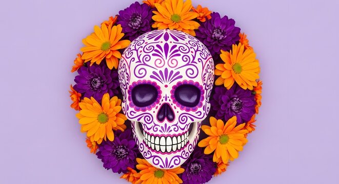 Ornate sugar skull adorned with vibrant flowers on a pastel background - Powered by Adobe