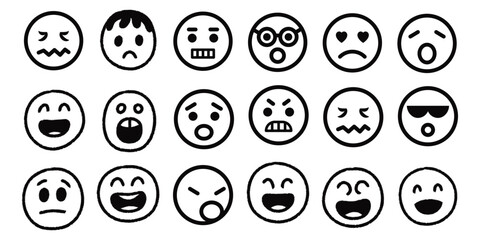 Hand drawn face smile icon line people face emotions set in doodle scribble pencil marker style hand drawn. Grunge Face Emoji Icon Set. Grunge Vector Emoticons.
