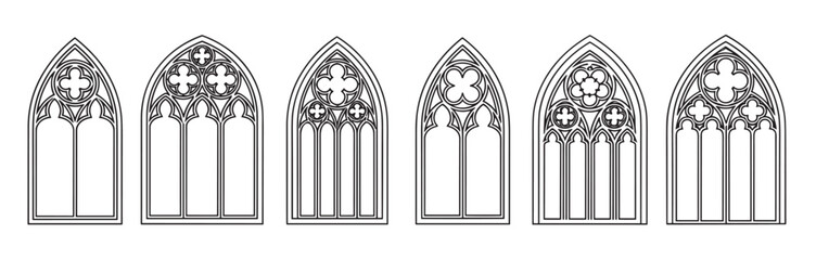 Fototapeta na wymiar Set of gothic arched windows with decorative tracery. Medieval cathedral architecture elements in a minimal line art style. Classic church window silhouettes for design