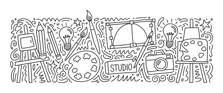 Creative art studio doodle with painting and drawing tools. Hand drawn banner concept for a design agency or workshop with camera, easel, pencil and lightbulb icons