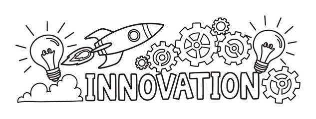 Innovation concept with rocket launch and lightbulb ideas. Business startup and creative process banner with gears and cogs in a hand drawn doodle style for technology