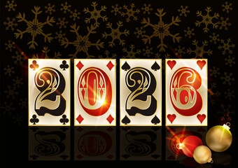 Happy 2026 New Year. Christmas casino poker cards, vector illustration