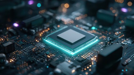 Obraz premium Futuristic macro view of an electronic microprocessor chip illuminated with blue light, set among a network of circuits, representing advanced technology, AI, hardware, and digital communications.