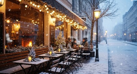 Cozy winter scene of an outdoor cafe with Christmas decorations and snow falling