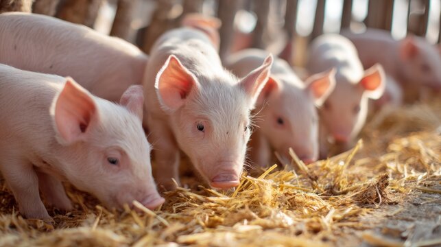Candid barnyard photo showing energetic piglets feeding in fresh straw, illuminated by warm light, capturing the lively innocence, social play, and natural curiosity of rural farm animals.