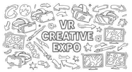 Vr creative expo doodle set with virtual reality headsets and technology elements. Hand drawn line art collection for metaverse events or digital art concepts