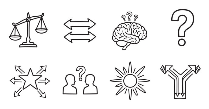 Hand drawn icon set for decision making and problem solving concepts. Includes symbols for comparison, choice, confusion and clarity. Minimalist doodle elements for infographics