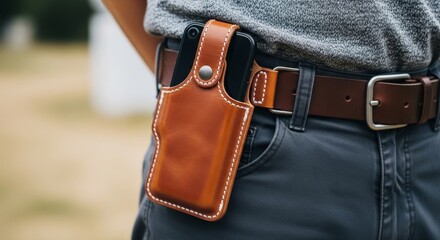 Brown Leather Phone Case with White Stitching on the Belt, An Outdoor Shot Highlighting Craftsmanship and Practical Style