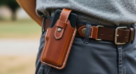 Brown Leather Phone Case with White Stitching on the Belt, An Outdoor Shot Highlighting Craftsmanship and Practical Style