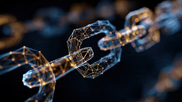 A digital chain link made of glowing blue and orange lines forms a network against a dark background, symbolizing connectivity and technology generative ai