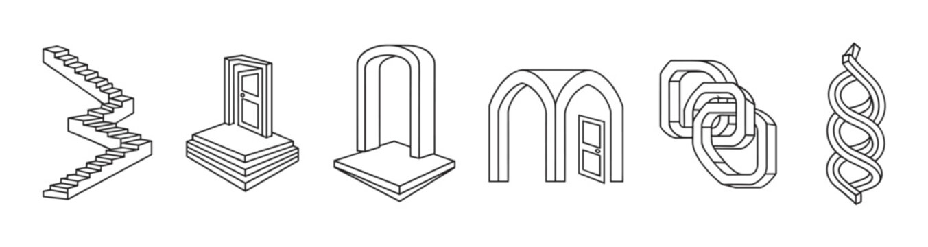 Set of impossible shapes and optical illusion icons in a minimal line art style. Abstract geometric objects representing paradox and infinity concepts for creative design