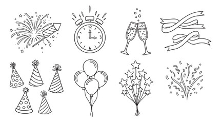 New year's eve party icon set with celebration elements. Hand drawn doodle collection of fireworks, champagne, and a midnight clock. Minimalist outline symbols for holiday design