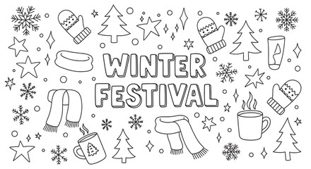 Obraz premium Winter festival lettering with a collection of seasonal doodle icons. Hand drawn set with snowflakes, christmas trees, mittens and hot cocoa for holiday greeting cards or banners