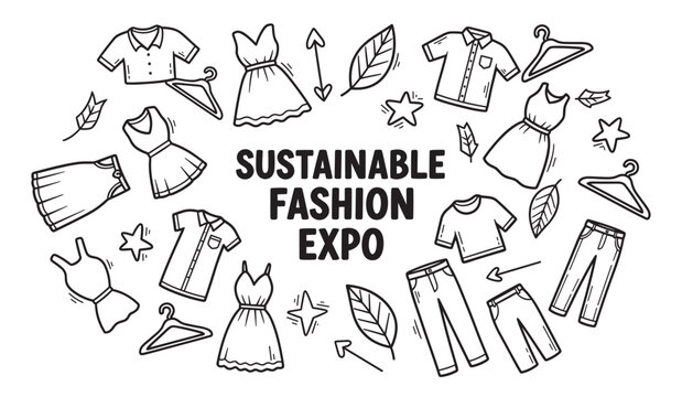 Sustainable fashion expo banner with hand drawn clothing icons. Eco friendly and ethical apparel concept in a simple doodle style for a conscious consumption event