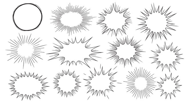 Collection of hand drawn comic speech bubbles and explosion shapes. Manga style doodle frames for surprise or emphasis. Set of isolated black and white line art elements for design