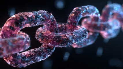 A close-up of a 3D-rendered, translucent chain links glowing with pink and blue hues against a dark background, conveying strength and connectivity generative ai