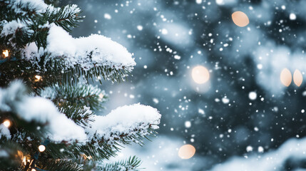 Tree branches covered in snow. closeup of snow covered evergreen branch in forest. snow covered pine needles