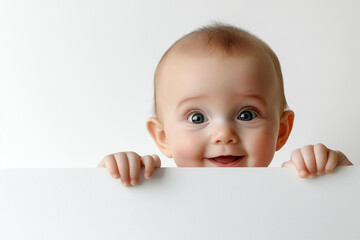 baby peeking over the edge with big eyes.