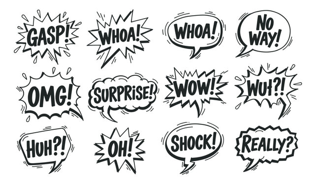Comic speech bubbles with surprise and shock exclamations. Hand drawn set of pop art text balloons like wow, omg, and whoa for expressive communication and design elements