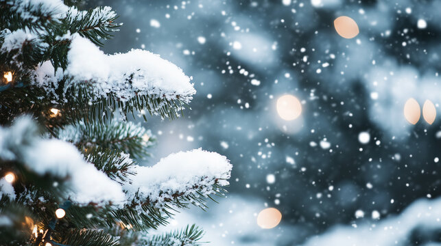 Tree branches covered in snow. closeup of snow covered evergreen branch in forest. snow covered pine needles