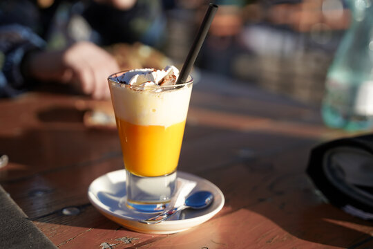 Italian bombardino popular winter drink served with whipped cream
