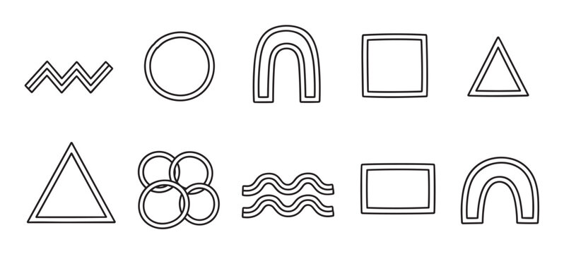 Set of abstract geometric shapes in a hand drawn doodle style. Minimalist black outline icons collection with circle, square, and triangle forms for modern graphic design