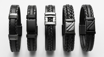 Five Black Men's Leather Bracelets with Braided and Double Strand Designs on a White Background