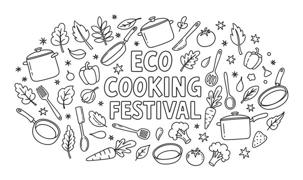 Eco cooking festival lettering with doodle elements. Hand drawn line art of vegetables and kitchenware for a healthy food event banner or organic market promotion concept