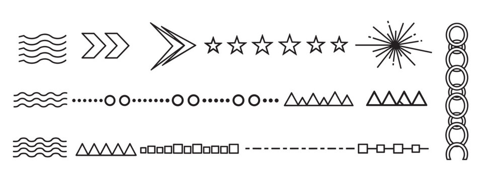 Collection of minimalist line art dividers and borders for graphic design. Set of geometric shapes including waves, arrows, stars, and chains for creating decorative elements