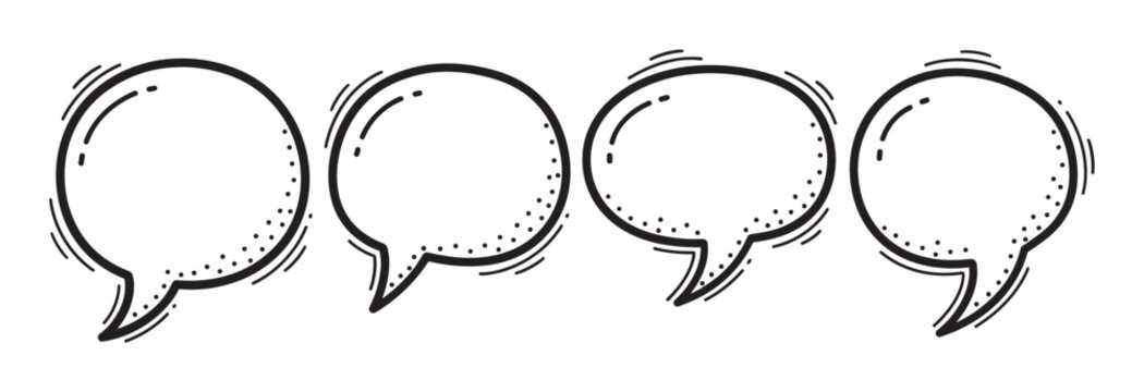 A set of hand drawn speech bubbles in a simple doodle style. Blank comic chat boxes and dialogue balloons for communication, messages, social media posts, and quote templates