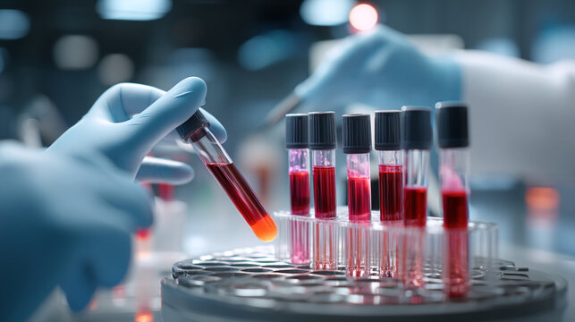 Gloved hand holding a blood sample tube near a rack of tubes filled with red liquid in a lab setting