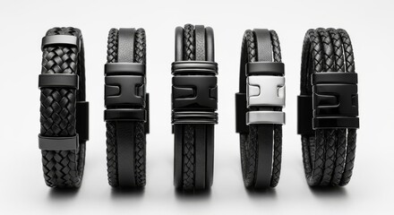Five Black Men's Leather Bracelets with Braided and Double Strand Designs on a White Background