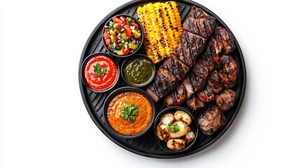 Delicious grilled meat platter with skewers, corn on the cob, fresh salsa, dips, beans, and grilled vegetables on a black round plate for barbecue feast