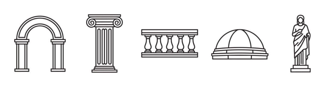Ancient architecture icon set with classical greek and roman elements. Collection includes column, arch, dome, balustrade, and statue for historical or legal design concepts